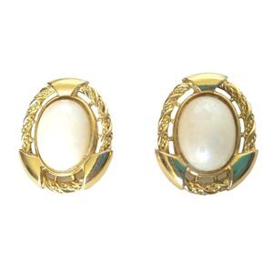 Vintage Oval Cabochon Faux Pearl Art Nouveau Stud Earrings Gold Plated Post